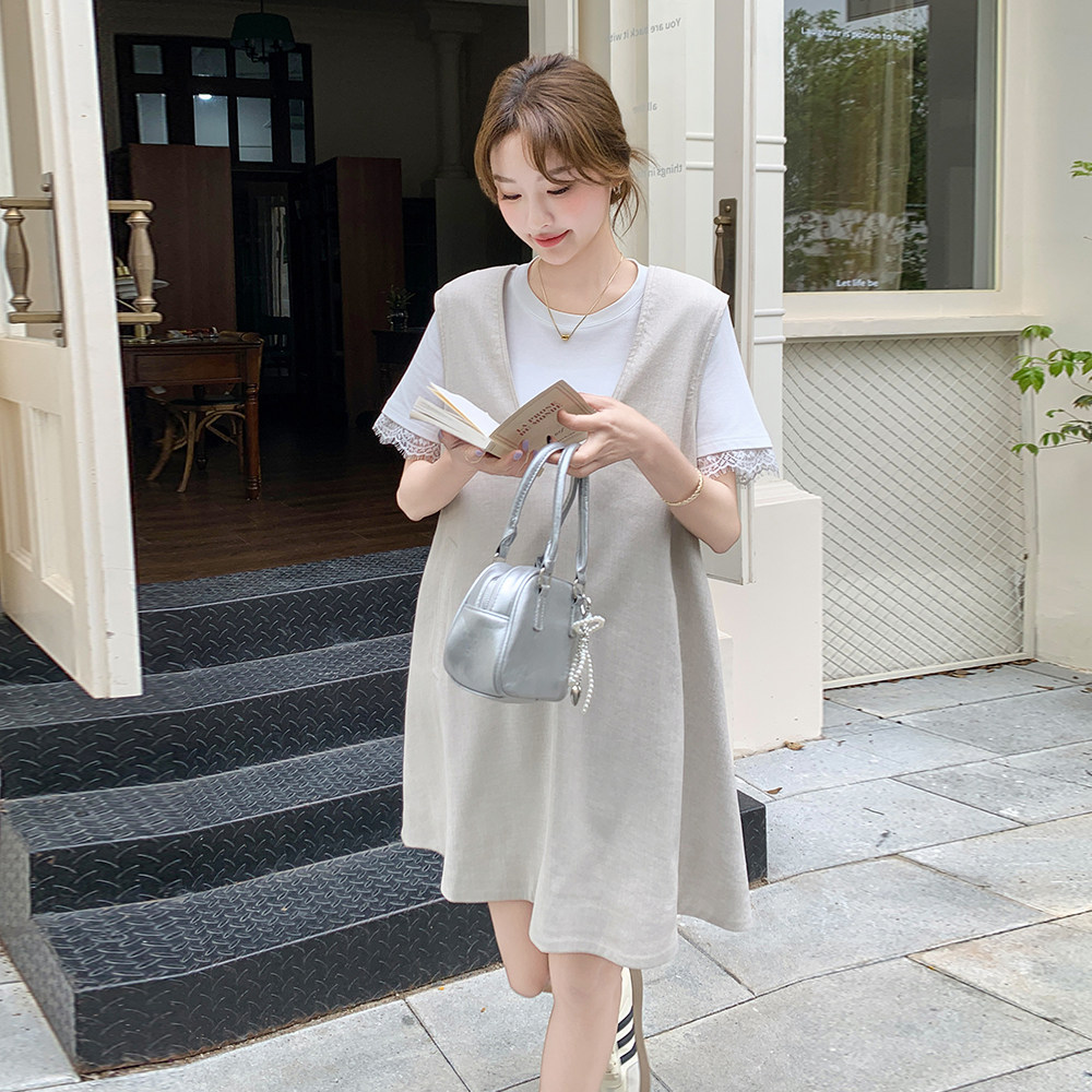 韩系休闲无袖背带连衣裙两件套女2025夏新款时尚蕾丝拼接短袖套装,女装套装/套裙,2C166