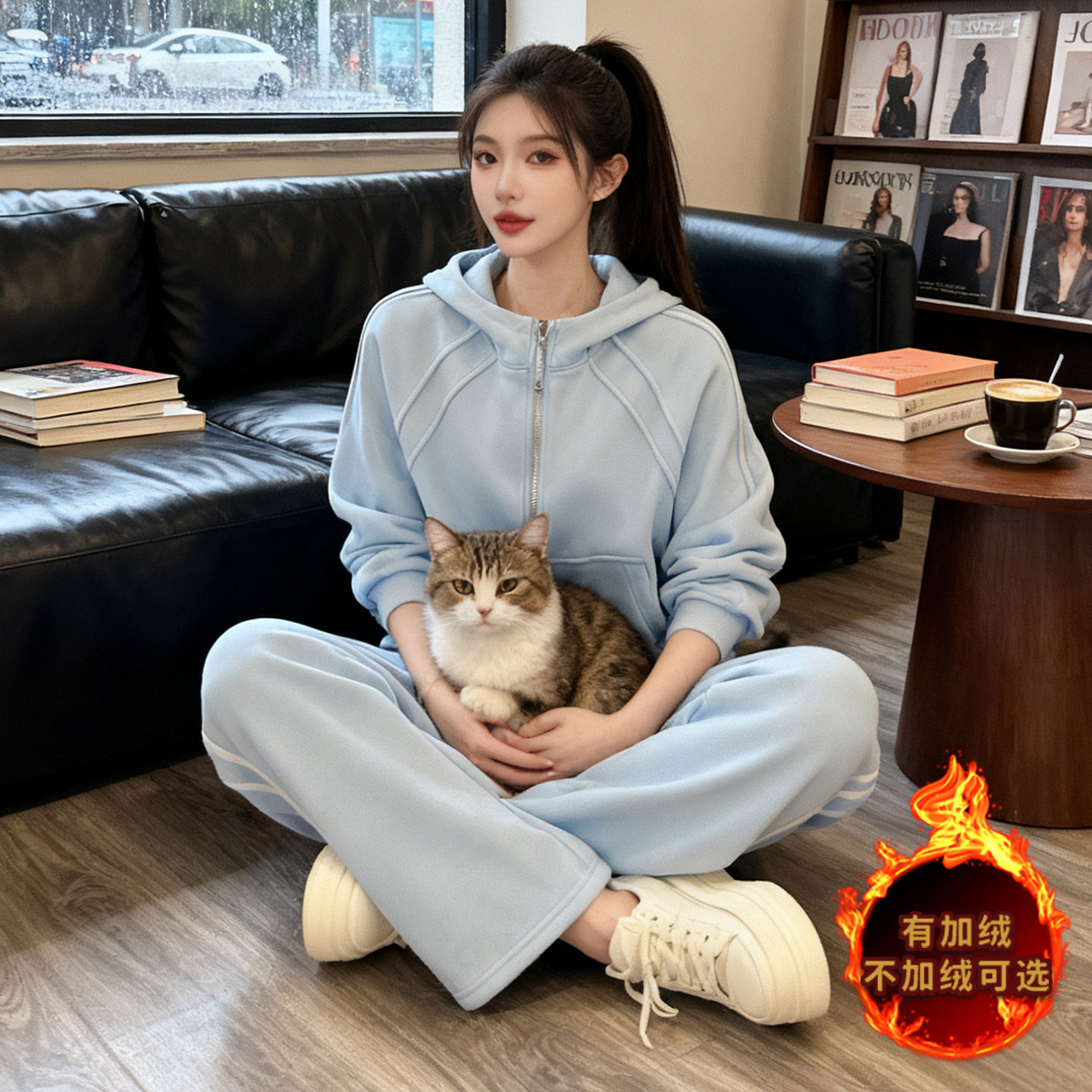 慵懒风运动装套装女冬加绒加厚新款休闲洋气减龄卫衣阔腿裤两件套,女装套装/套裙,2C310