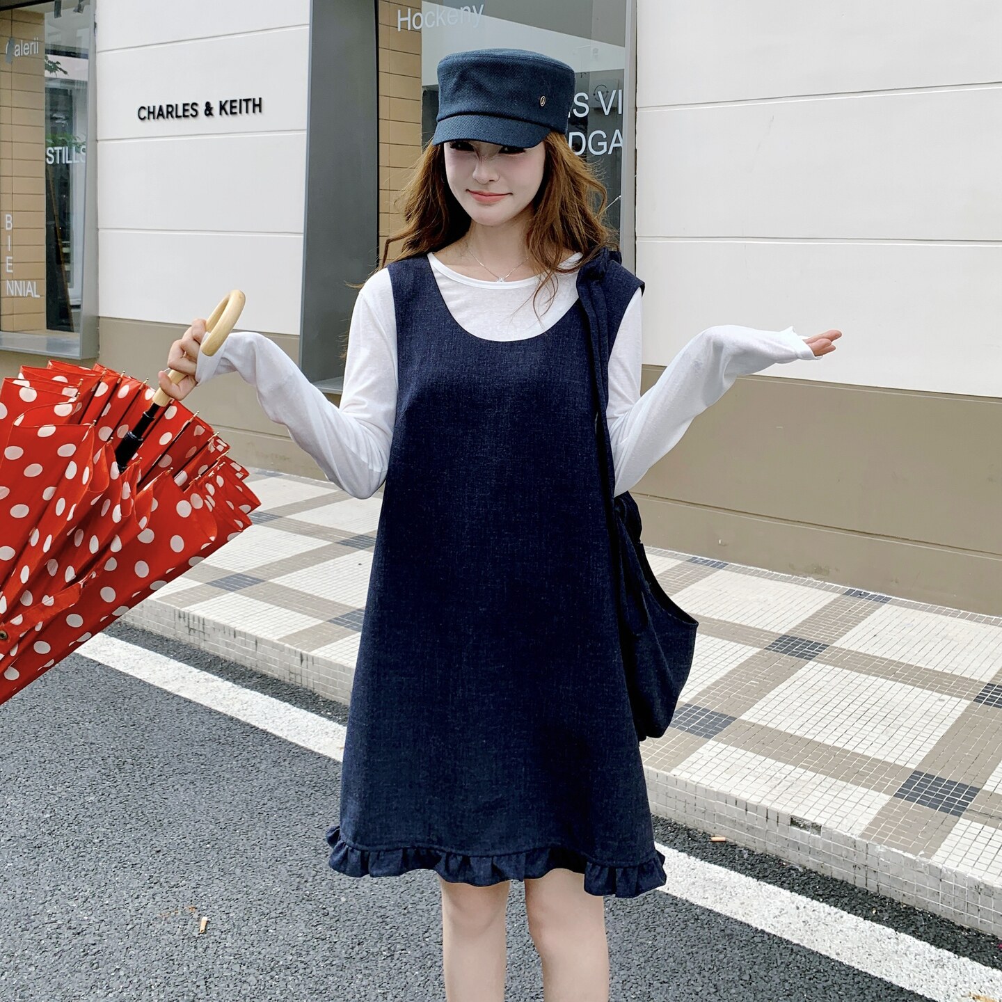 韩系设计感木耳边叠穿马甲修身打底衫带包三件套女2025秋季爆款图片