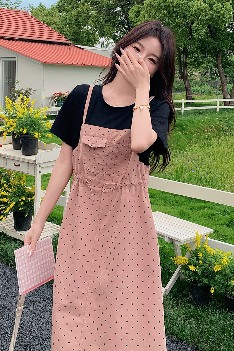 韩版俏皮减龄假两件连衣裙女2025夏季新款法式宽松显瘦波点短裙子,女装连衣裙,安在秀