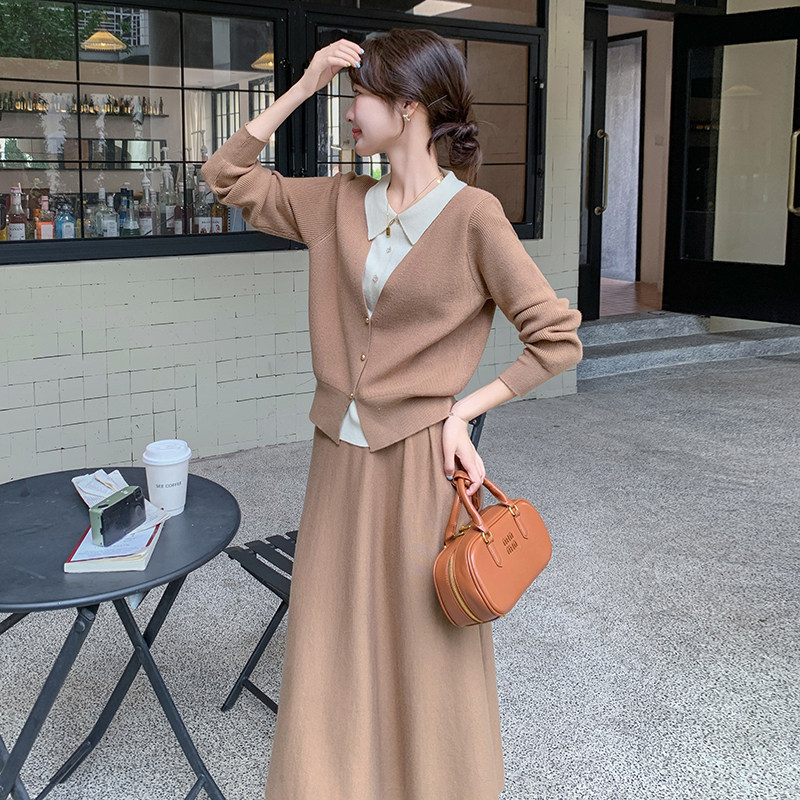 现货韩系气质拼接假两件毛衣半身裙两件套7686-P155-K238,女装套装/套裙,2C159