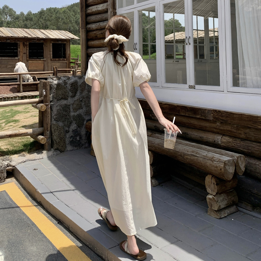 泡泡袖系带天丝连衣裙女2025夏季新款韩版小个子减龄时尚A字裙潮,女装连衣裙,2C259