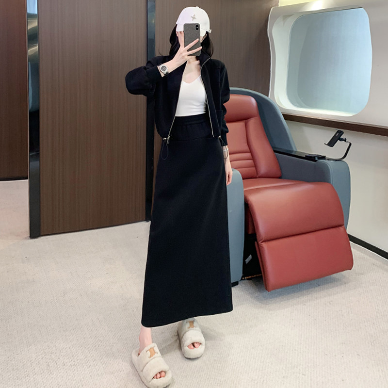 女时尚减龄拉链开衫立领卫衣半身裙两件套图片