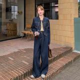 气质高级感牛仔套装裤女2025秋新款一整套穿搭拼色夹克宽松阔腿裤，女装套装/套裙，2C159