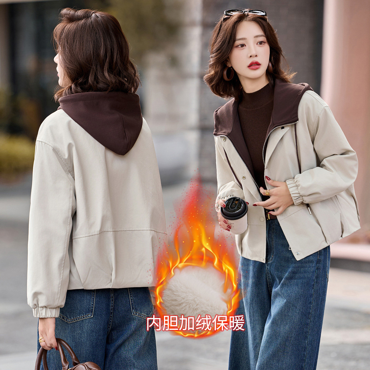 现货派克服女冬季新款加厚加绒韩版洋气短款保暖外套,女装短外套,英标秀（1C119）