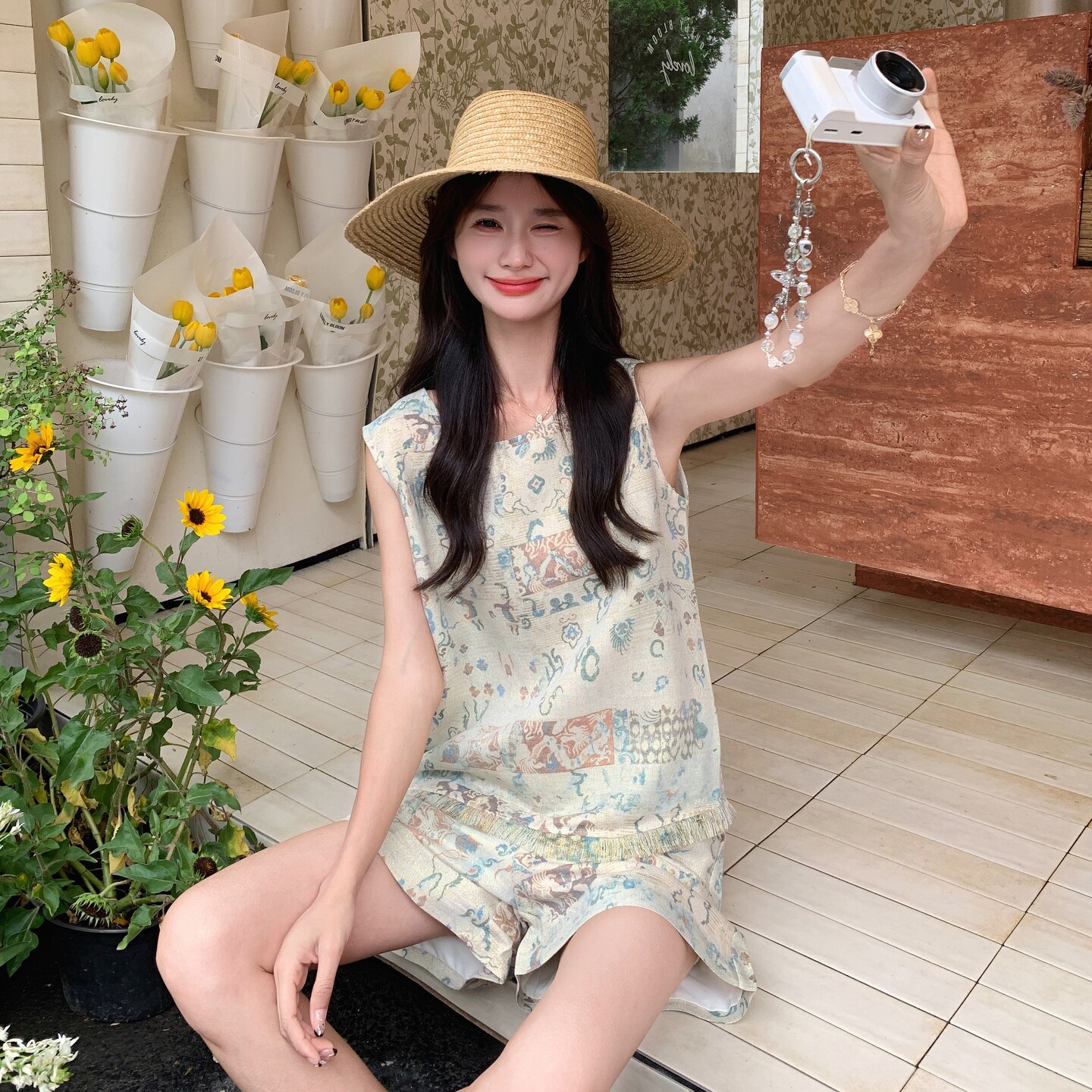 新中式风印花流苏马甲套装女2025夏季复古小个子阔腿短裤两件套,女装套装/套裙,2C166