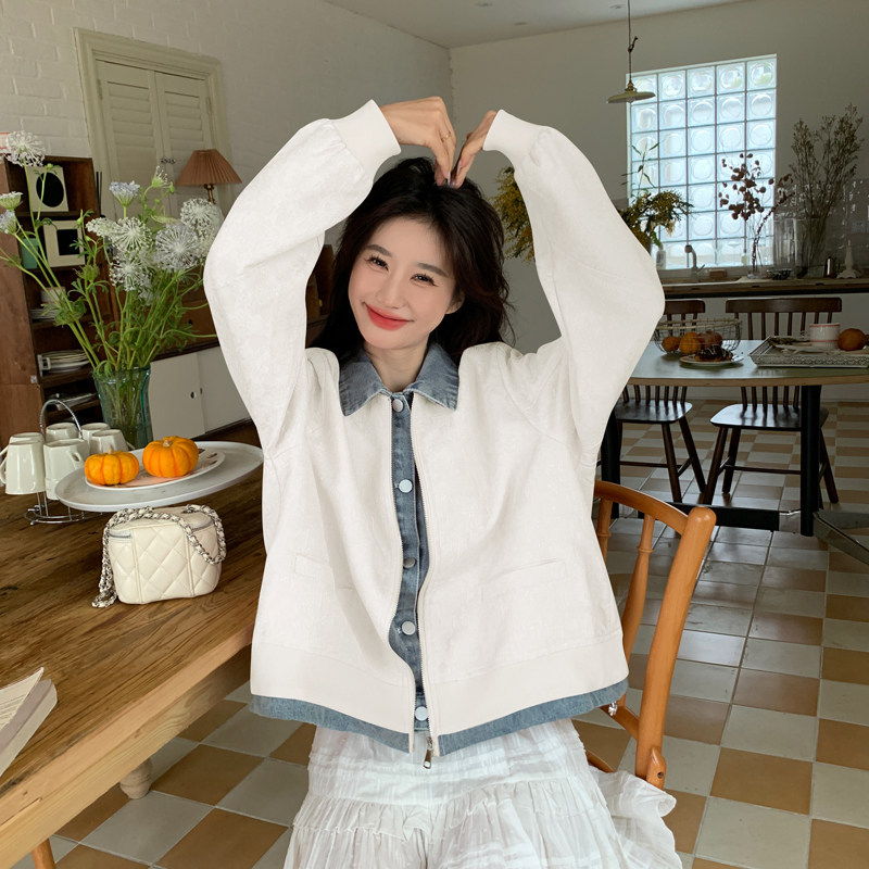 粉色高级感开春外套女2025新款假两件复古牛仔拼接甜美风夹克上衣,女装短外套,2C266