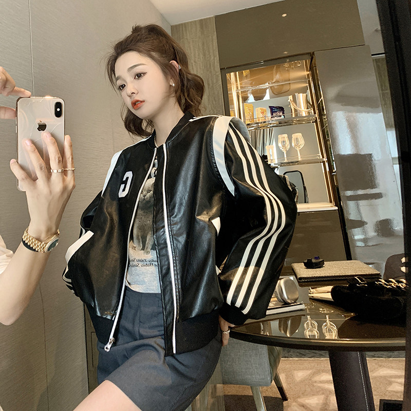 美式复古黑色棒球服皮衣外套女2023春秋新款小个子炸街百搭短上衣,女装皮衣,2C052