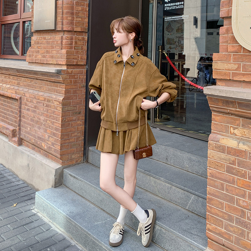 美拉德麂皮绒工装套装裙女秋季2025新款小个子流行漂亮百褶裙穿搭,女装套装/套裙,2C115