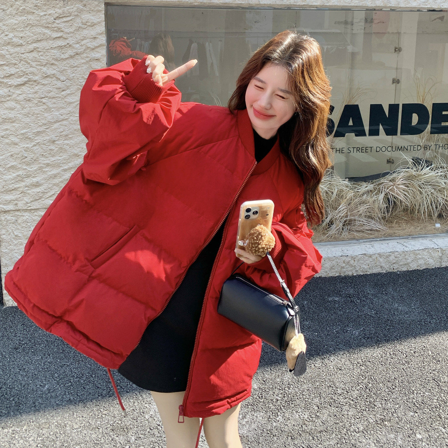 新年红色花边棒球羽绒服女2026新款韩版加厚宽松休闲90白鸭绒外套,女装羽绒服,2C166