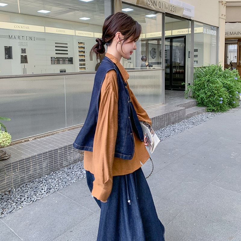 法式复古牛仔套装连衣裙女2025春秋设计感小众慵懒风半身裙三件套,女装套装/套裙,2C166