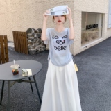 2025夏季新款韩版时尚气质百搭显瘦短袖上衣+高腰半身裙两件套女，女装套装/套裙，2C166