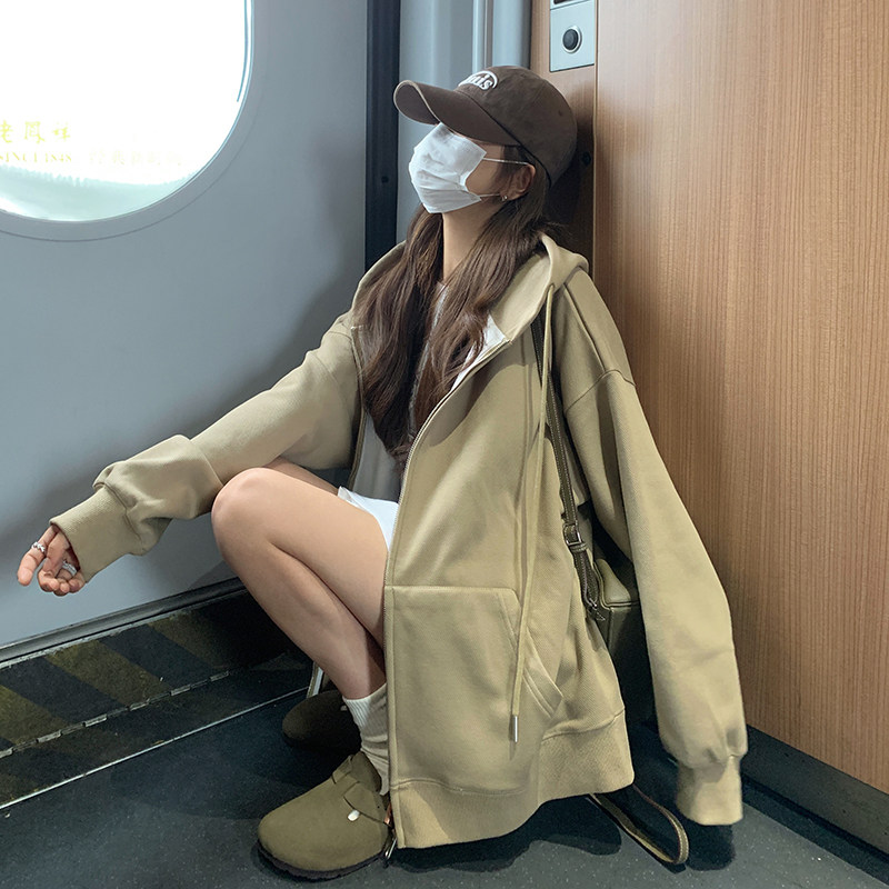 卡其色连帽开衫卫衣外套女2024春季新款韩版小个子慵懒风休闲上衣,女装卫衣/绒衫,2C037
