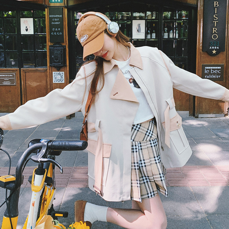 撞色设计感工装风衣外套女春秋季新款韩版时尚小个子显瘦翻领上衣,女装风衣,2C069