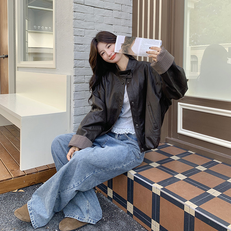 咖绿色美拉德穿搭格子连帽皮衣外套女2025秋季新款小个子pu皮夹克,女装皮衣,2C092