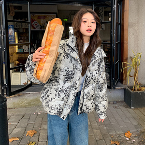 新中式国风水墨印花短款羽绒服女2025冬季新款显瘦加厚白鸭绒外套图片