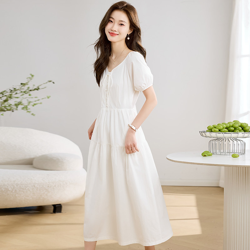纯棉连衣裙女夏季2025新款法式V领修身收腰显瘦气质减龄长款裙子,女装连衣裙,1D073