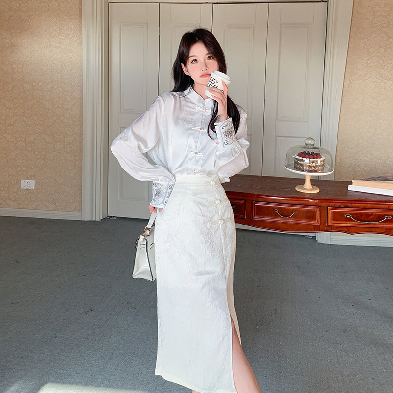 新中式国风气质衬衫上衣套装女2025春秋新款显瘦开叉半身裙两件套图片