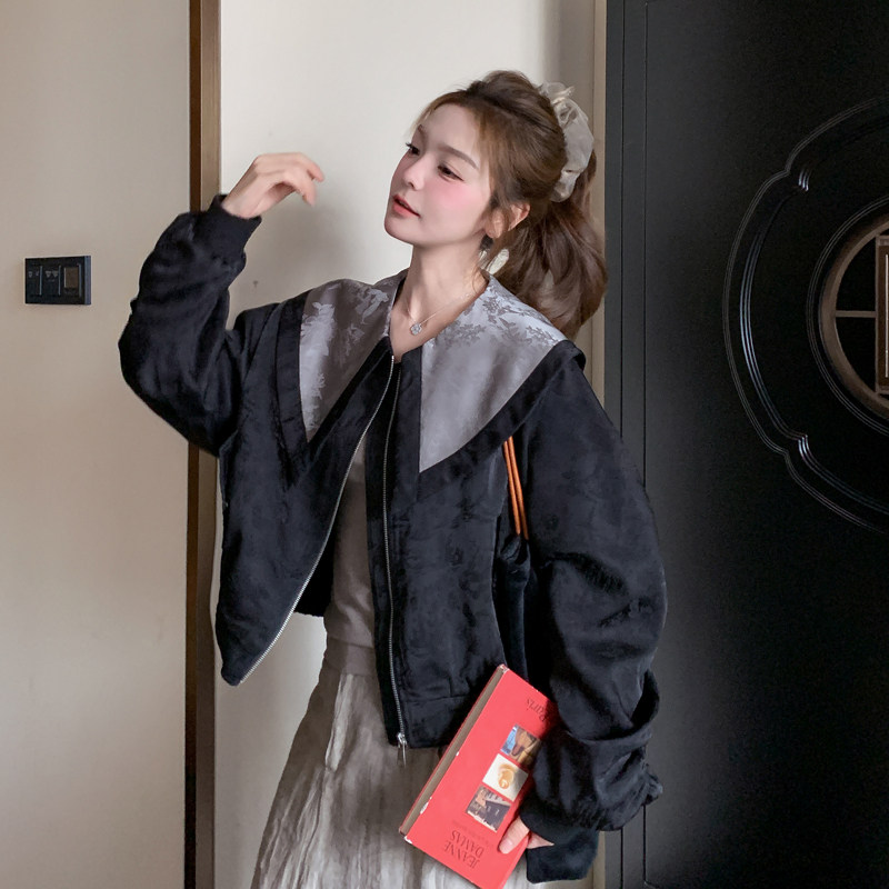 黑色新中式国风提花短外套女秋季2025新款超好看印花休闲减龄夹克,女装短外套,2C266