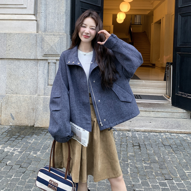 休闲宽松蓝色毛呢外套女秋冬2025新款小个子独特漂亮流行爆款大衣,女装毛呢外套,2C159