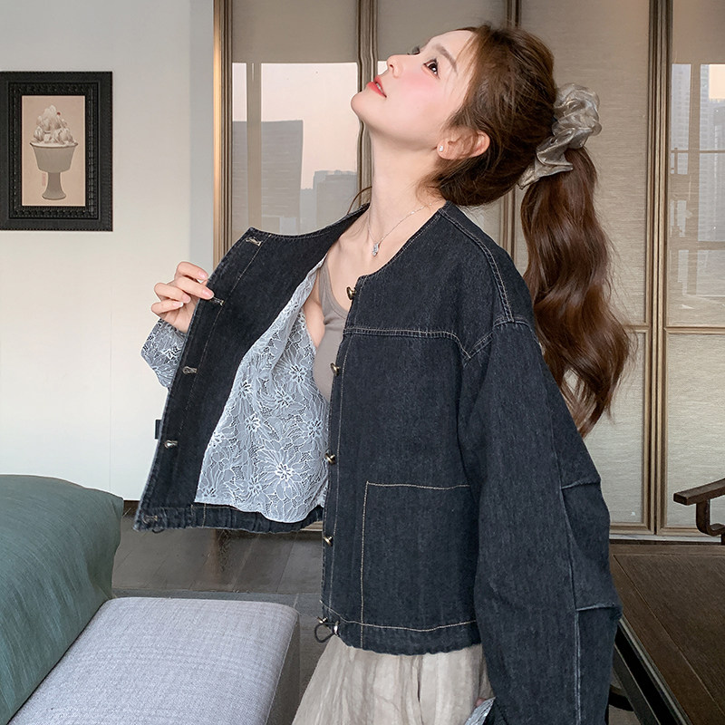 蕾丝拼接短款牛仔外套女春秋2025新款小个子夹克上衣流行爆款气质,女装短外套,2C087