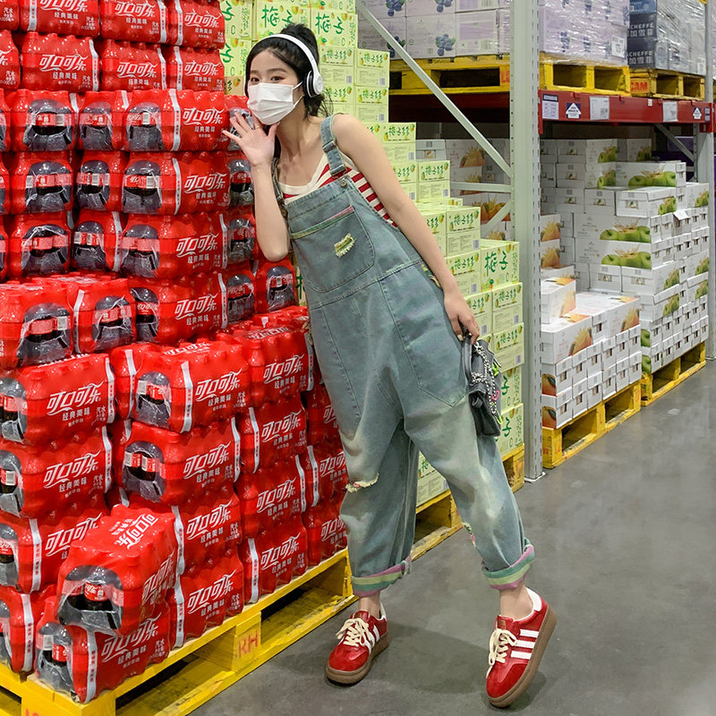 美式复古减龄牛仔背带裤女2023春季新款小个子宽松工装直筒阔腿裤图片