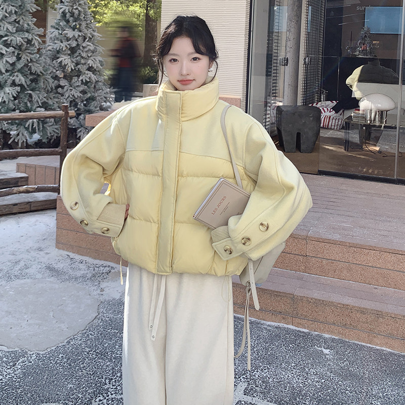 毛呢拼接保暖黄色羽绒服外套女冬季2025新款小个子流行爆款面包服,女装羽绒服,2C203