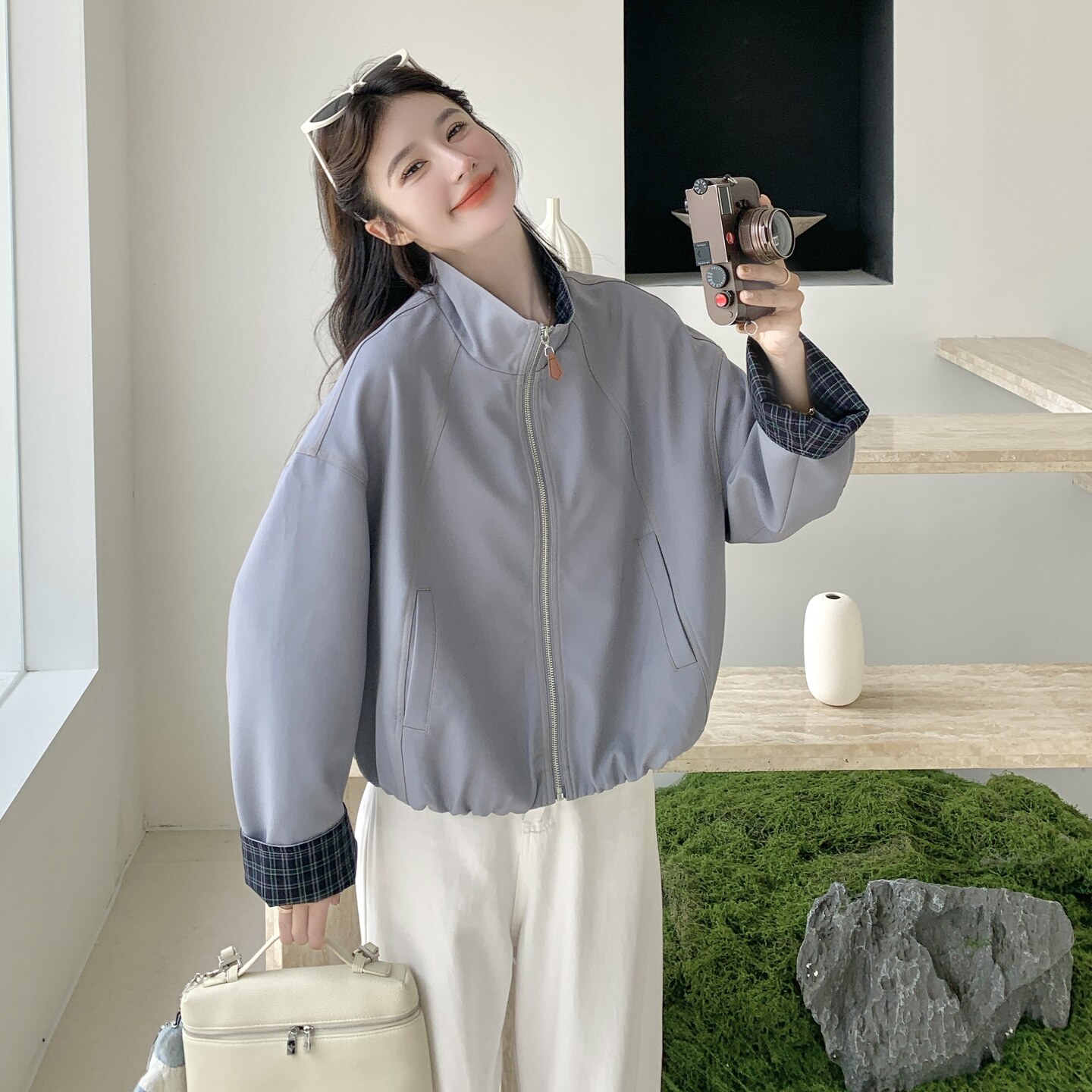 气质格纹拼接蓝色短外套女春秋2025新款小个子流行爆款上衣巨好看,女装短外套,2C012