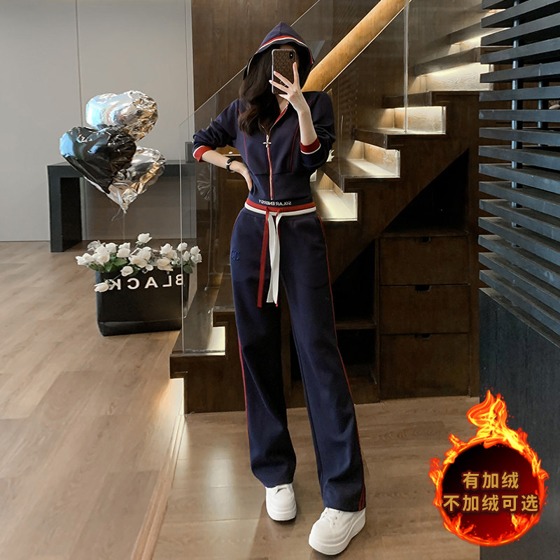 秋冬新款时尚短款收腰开衫外套阔腿裤套装图片