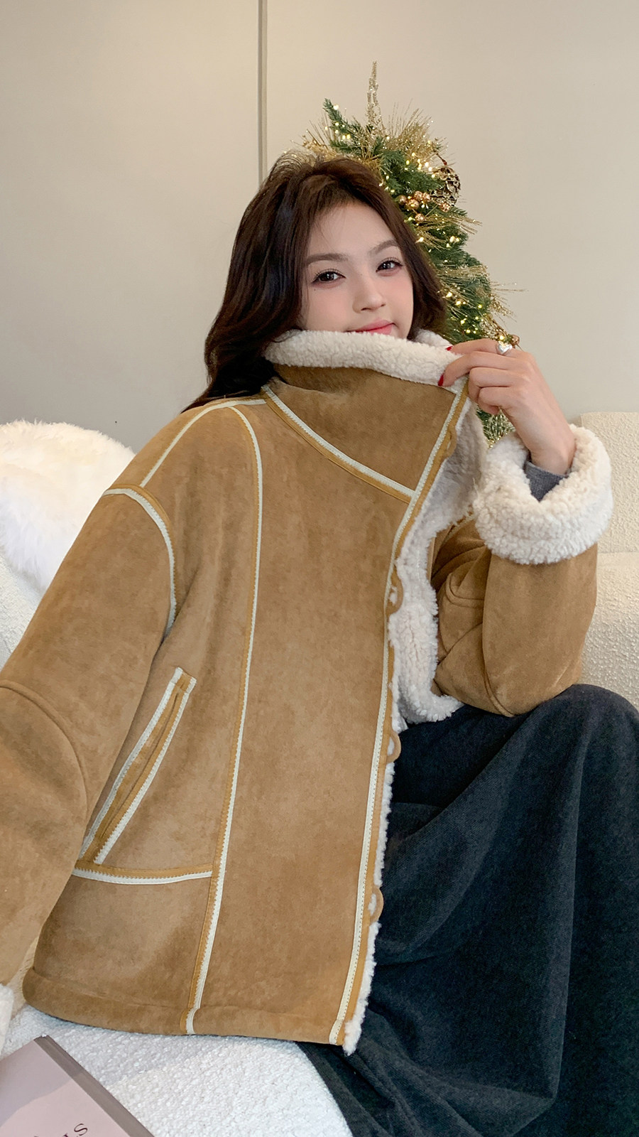 咖色复古麂皮绒皮毛一体羊羔毛短外套女2025冬新款小个子加厚上衣,女装短外套,2D035