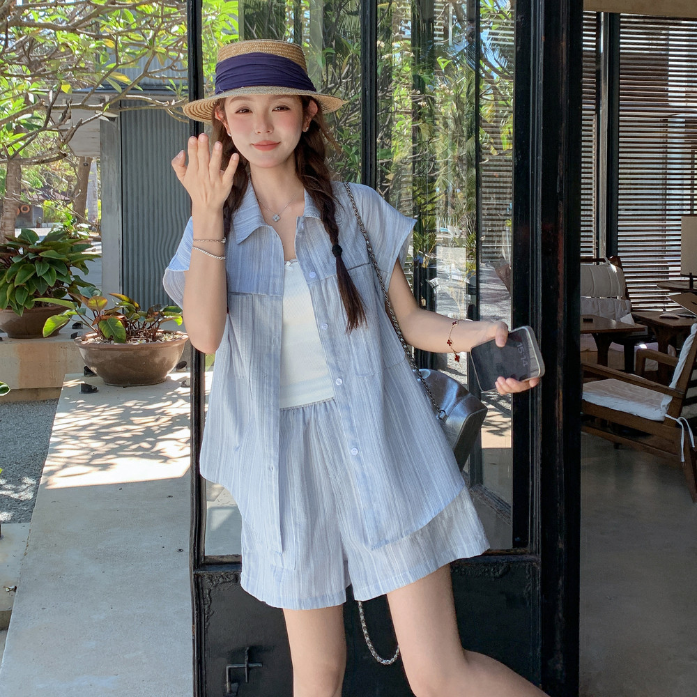 活泼减龄条纹短袖衬衫套装女2025年夏季新款小个子休闲短裤两件套,女装套装/套裙,2C135