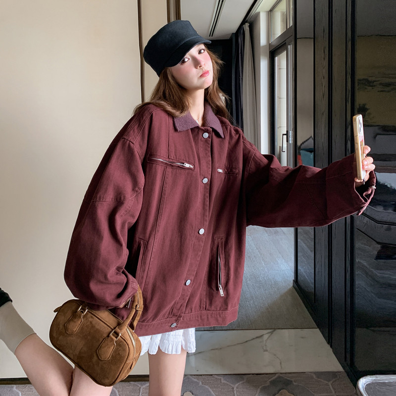 酒红色工装外套女春秋2025新款巨好看独特别致宽松美工复古上衣,女装短外套,2C275