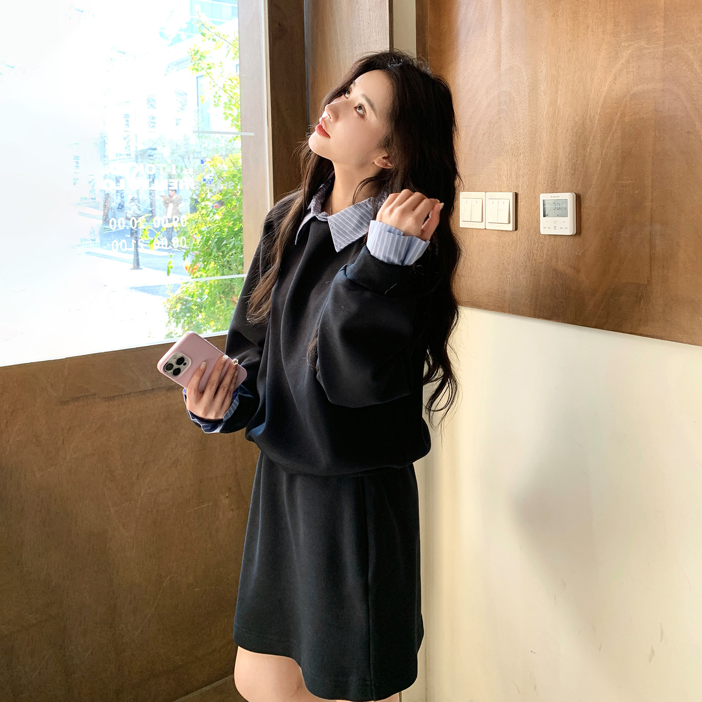 新款拼接POLO领假两件卫衣加绒加厚半身裙两件套女装,女装套装/套裙,2B142