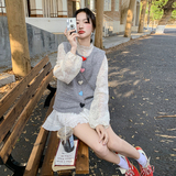 爱心扣针织马甲套装2026女春蕾丝上衣甜美盐系穿搭两件套，女装套装/套裙，2C166