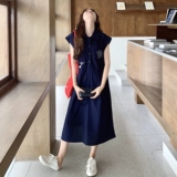 藏蓝色刺绣抽绳收腰衬衫连衣裙女2025年夏季新款小个子气质长裙子，女装连衣裙，2C258