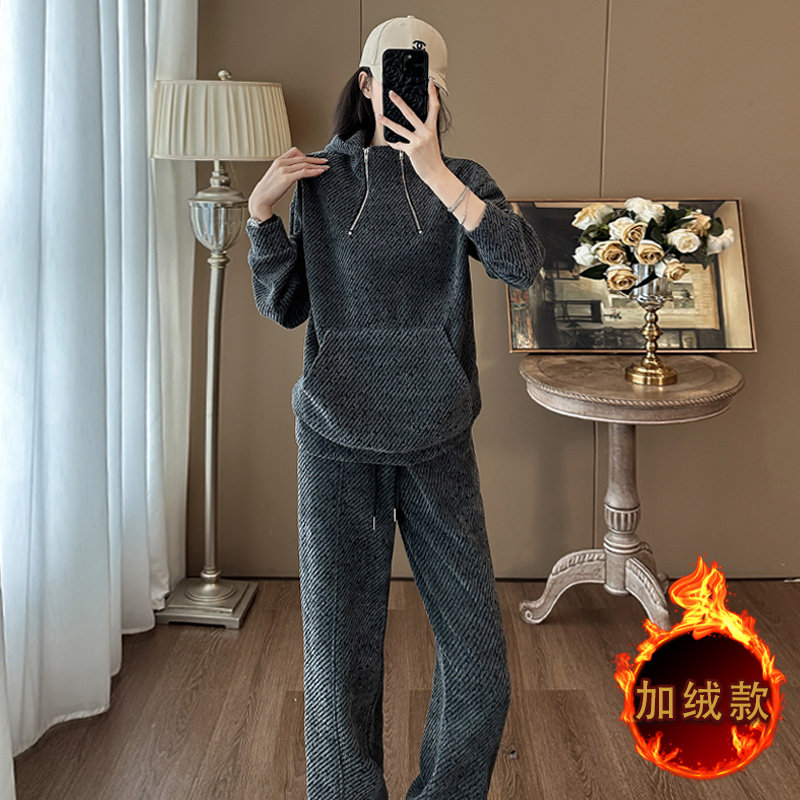 女秋冬黑灰色加绒加厚卫衣卫裤套装,女装套装/套裙,2C310