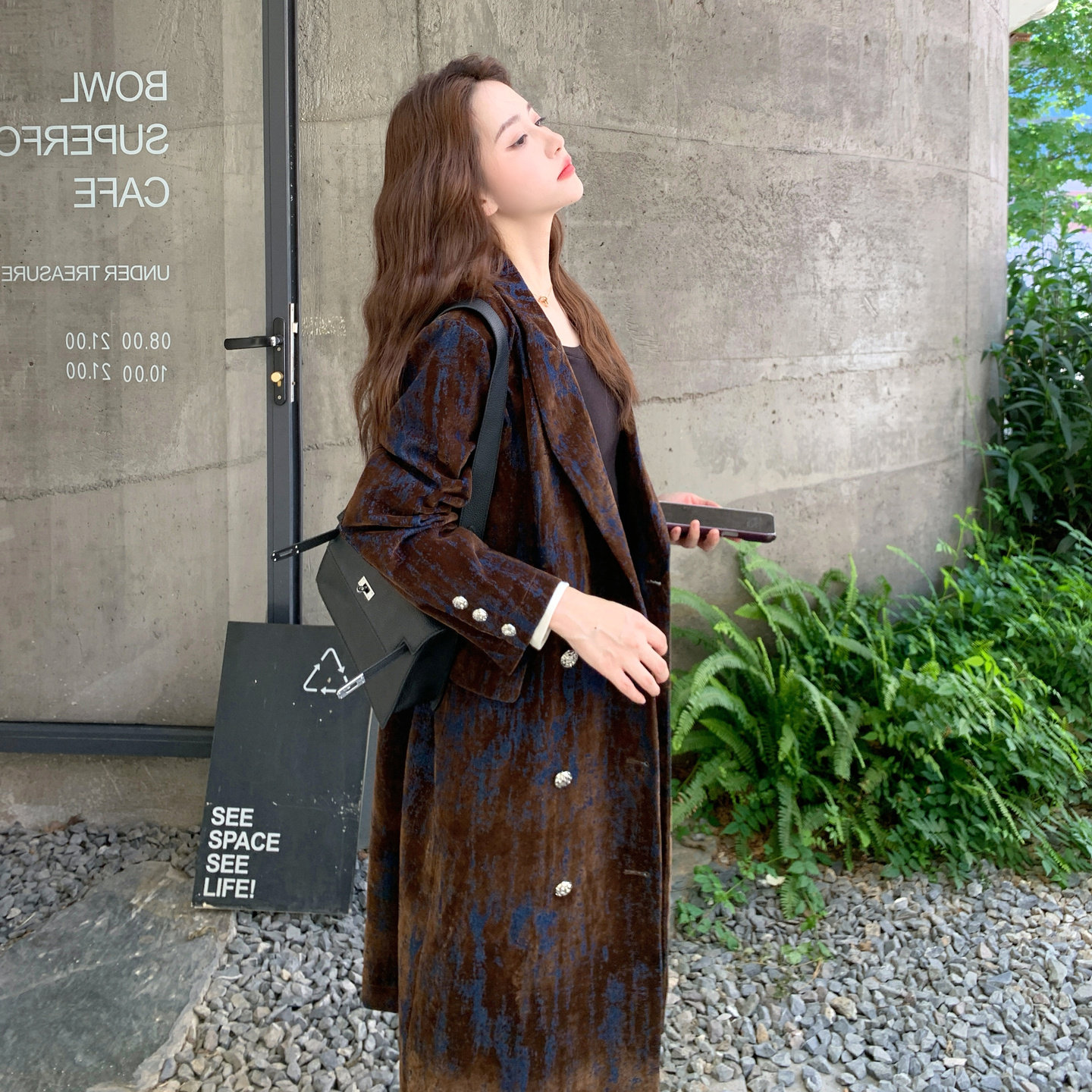高级感植绒长款西装外套女2025秋冬新款御姐范时尚显瘦双排扣大衣,女装风衣,2C321