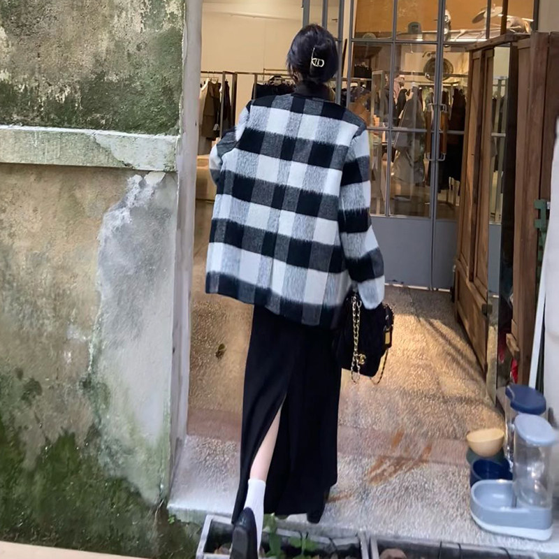 赫本风气质黑白格双面呢羊毛大衣配领带A825.2C109.p220.k318,女装毛呢外套,2C109