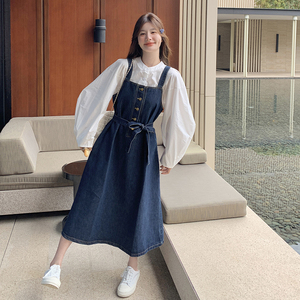 韩系甜美减龄牛仔背带裙套装女学院风衬衫长裙两件套6151P160K238图片