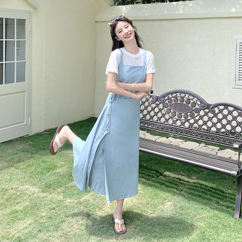 蓝色韩版不规则背带裙套装女2025年夏季新款超好看短袖长裙两件套,女装套装/套裙,2D043