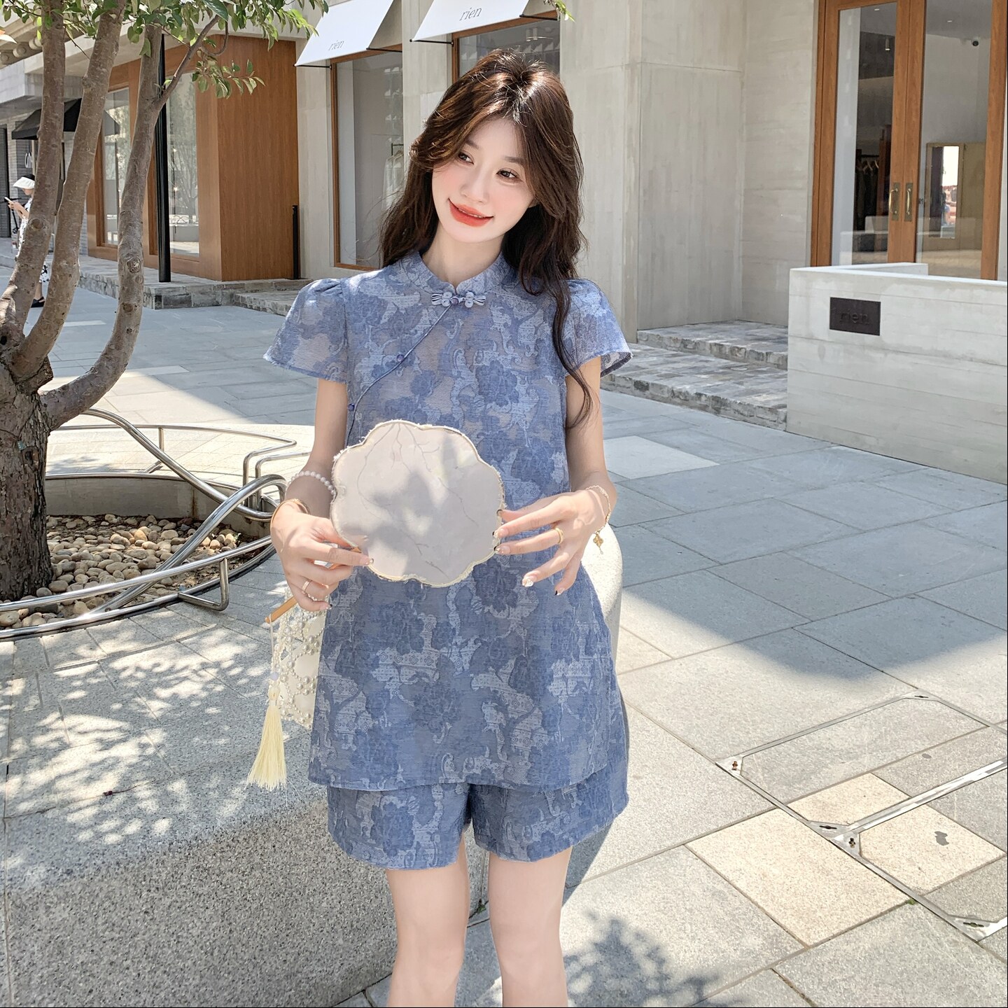 新中式国风套装女2025夏季新款时尚复古盘扣印花上衣阔腿裤两件套,女装套装/套裙,2C135