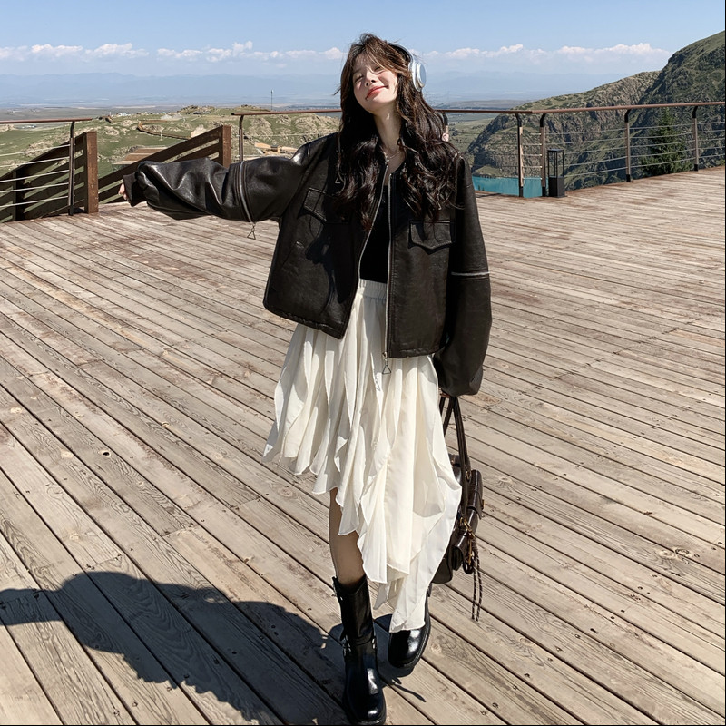 复古美拉德皮衣外套女2025秋季新款小个子设计感时尚炸街机车夹克图片