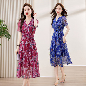 【新品】吾爱衣2418款碎花连衣裙女韩版系带收腰中长裙子图片