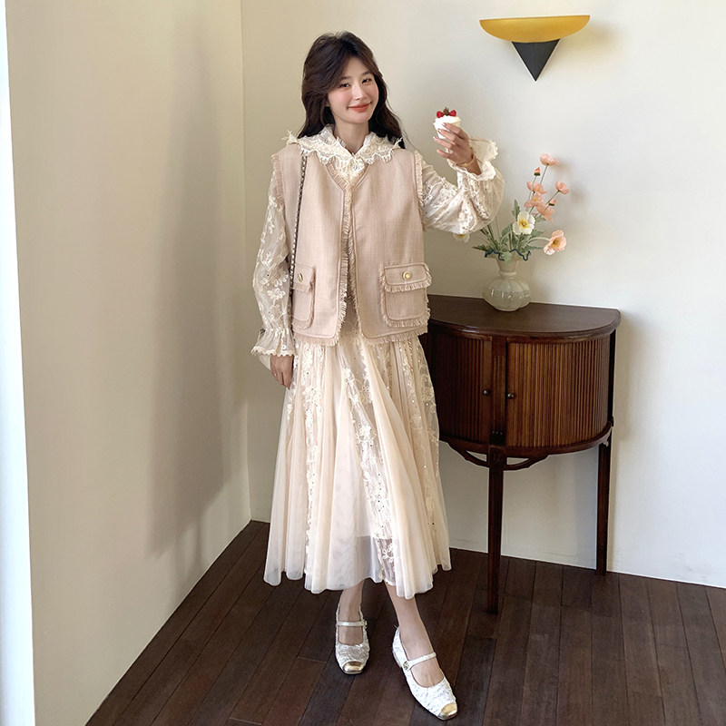 小香风马甲套装女2025秋季新款超好看高级感气质蕾丝连衣裙两件套图片