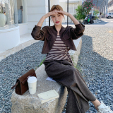 韩系时尚短外套套装女2025秋新款设计感条纹吊带显瘦阔腿裤三件套，女装套装/套裙，2C092