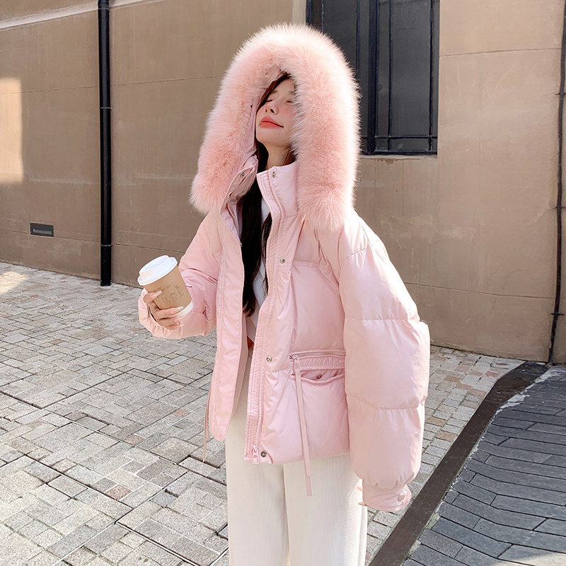 粉色真毛领羽绒服女2025冬季新款小个子超好看甜美减龄白鸭绒外套,女装羽绒服,2D078