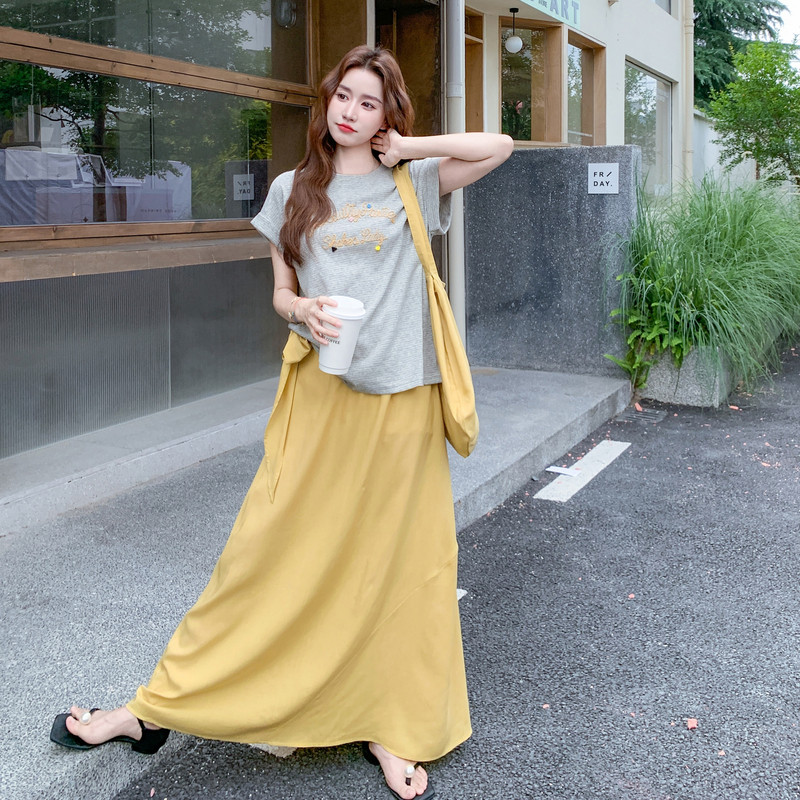 超好看休闲短袖T恤半身裙套装女2025夏季新款韩系松弛感两件套潮,女装套装/套裙,2C203