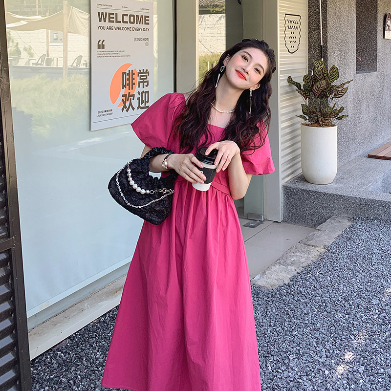 火龙果色方领泡泡袖连衣裙女夏2025新款茶歇法式甜美梨形身材长裙,女装连衣裙,2C112