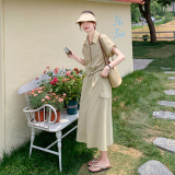卡其色休闲设计感两件套连衣裙女夏季新款韩系松弛感通勤A字裙，女装套装/套裙，2C166
