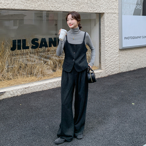 灰色小香风马甲套装裤女秋季高级感质感温柔风穿搭三件套爆款流行图片